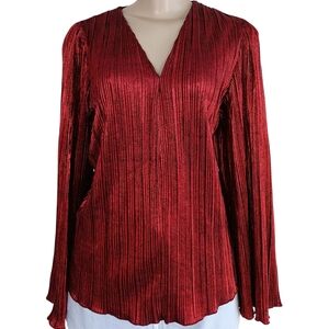 Chenault Deep Red Pleated V-Neck Blouse